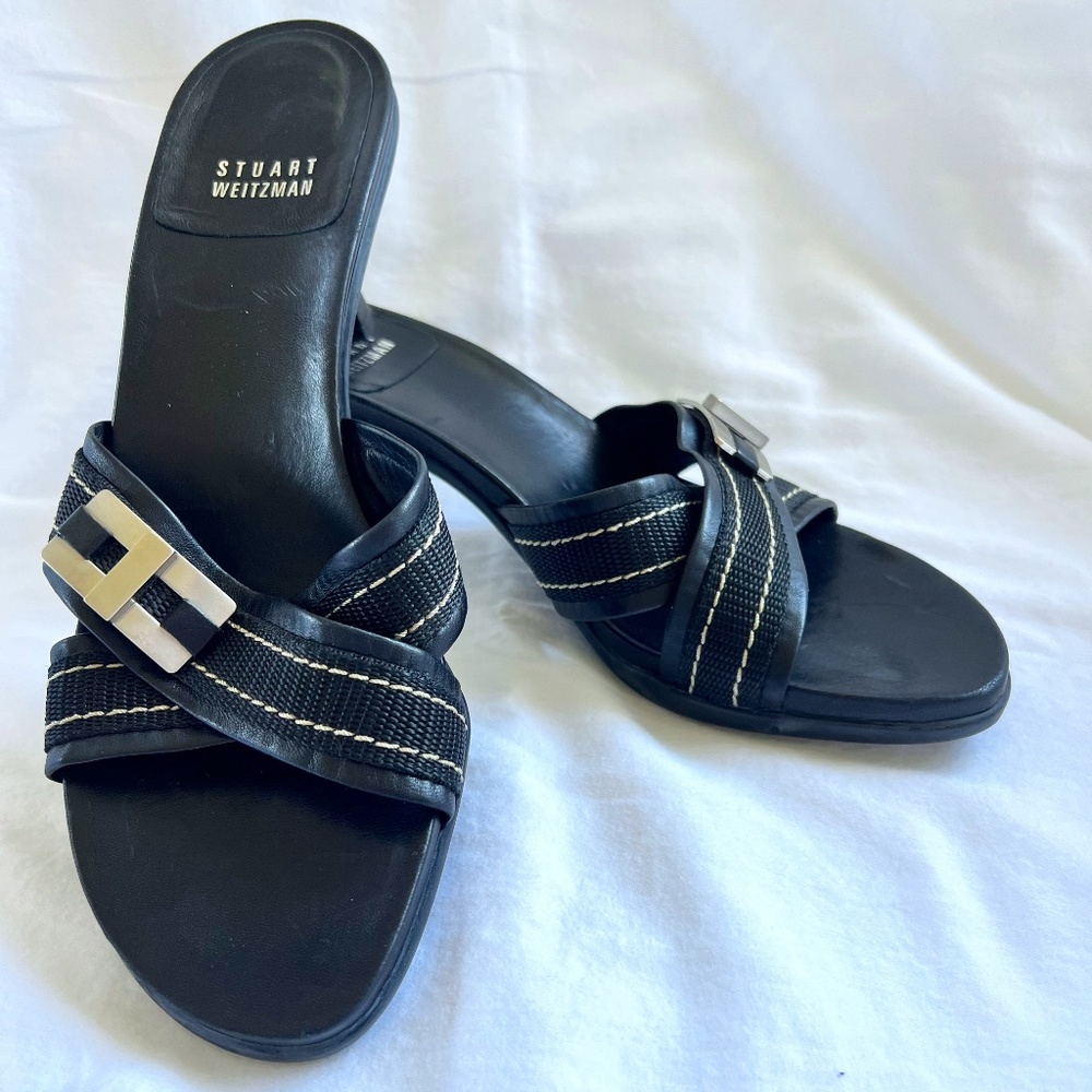 Stuart Weitzman Black Kitten Heel Criss Cross Slide Sandal Size 9